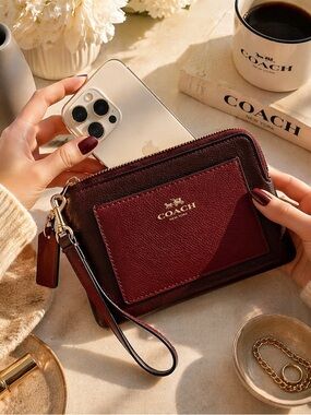 Coach Rich Brown & Burgundy Pebbled  Leather Wristlet | Fits iPhone